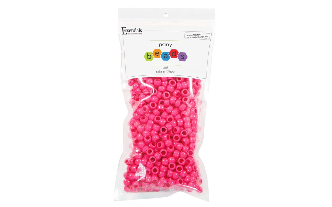 Essentials by Leisure Arts Pony Bead 6mm x 9mm Pink Opaque Plastic Pony  Beads Bulk 750 pieces for Arts, Crafts, Bracelet, Necklace, Jewelry Making,  Earring, Hair Braiding